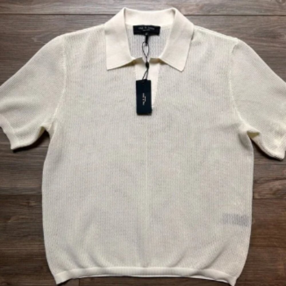 rag & bone | Willy Mesh Cream Polo Shirt Classic Knit (Medium)